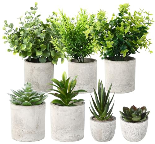 BUCOMTU 7 Piezas Plantas Decorativas,Pequeño Plantas Artificiales con Macetas Plantas Artificiales para decoración de salón, Dormitorio, Oficina