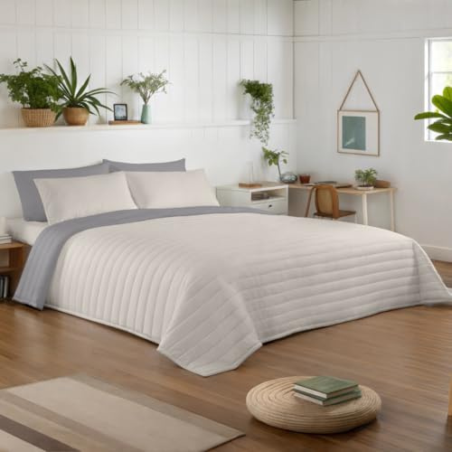 NATURALS - Colcha Bouti Reversible Bicolor | Cama 135/150 (250x260 cm) | Microfibra Extrasuave | Cubrecama Acolchado a Líneas | Ideal Primavera y Verano | Gris/Piedra