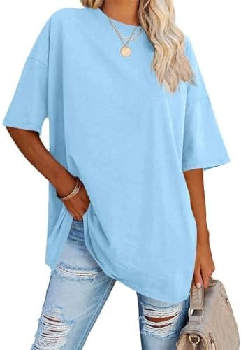 Ebifin Dam oversize t-shirt rund hals kortärmade toppar casual lös basic sommar t-shirts skjortor blus.