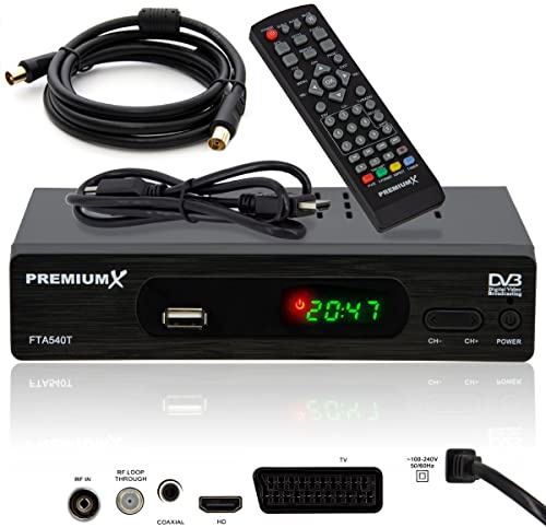 PremiumX FTA 540T Full HD Digitaler DVB-T2 terrestrischer TV Receiver H.265 HEVC | USB Mediaplayer SCART HDMI Antennenkabel | Auto Installation