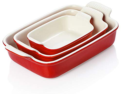 Sweejar Baking Pans Set, Ceramic 9x13 Baking Dish with Handle, Rectangular Casserole Dishes for Oven, Bakeware Sets of 3, Durable Lasagna Pan Deep for Kitchen, Banquet, Wedding Gift(Red)