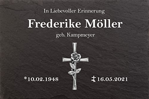Grabsteine, Urnengrabsteine Fotokreuz mit Rose, Urnengrabstein mit personalisierter Gravur, Naturschieferstein, 30x20cm 100% witterungsbeständig