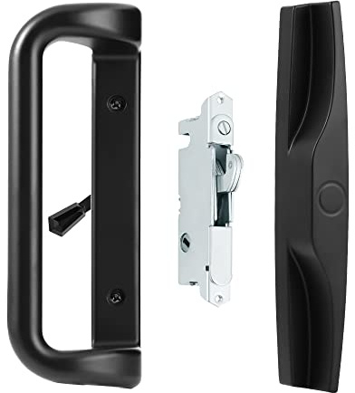 House Guard Sliding Patio Door Handle Set with Mortise Lock, 3-15/16 Screw Hole Spacing, Fits 1-1/4 to 2-1/4 Doors, Reversible Black Aluminum