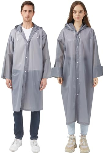 Rain Ponchos Raincoats for Adults Women, Reusable Rain Jacket Coats with Hood for Family Disney Park Travel 2 Pack (Adults, E-gray)