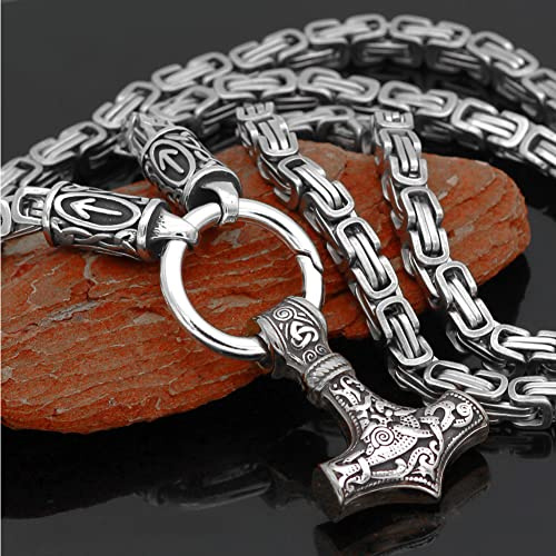 PBTMCD Men Viking Necklace, Stainless Steel Silver Nordic Mythology Thor's Hammer Mjolnir Amulet Jewelry Pendant with Multiple Style Animal Head Square King Chain, with Gift Bag,Rune Ball 2,60cm