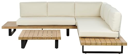 Beliani Conjunto de Sala de Estar esquinero 5 plazas de Madera de Acacia Blanco Crema Mesa Mykonos