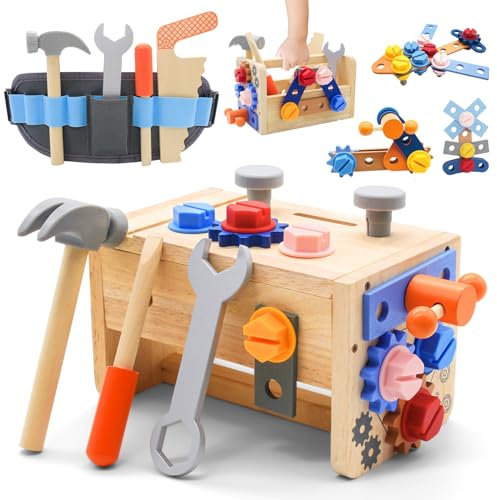 Werkzeugkoffer Kinder Werkbank mit Werkzeuggürtel, 39 Stück Werkzeug Kinder Montessori Holzspielzeug 3 4 5 6 Jahre, Lernspiele Werkzeugkasten Kinder für Geschenk Junge Mädchen ab 3 Wooden Toys