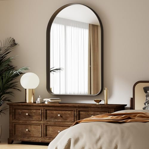 Koonmi Bogen Wandspiegel Schwarz, 60x90 cm Gewölbter Tiefer Rahmen Badezimmerspiegel, Hängender Wandspiegel Spiegel mit Schwarz Gebürstetes Metall Rahmen für Wohnzimmer, Schlafzimmer, Eingang