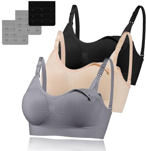Baycat 3 Pack Women's Nursing Bra, Seamless Wire-Free Nursing & Sleep Maternity Bras, Comfortable Night Nursing Bra with Removable Breast Pads & Extenders (L, Black/Skin Color/Gray)