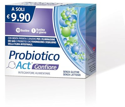 Probiotico Act Gonfiore, Integratore Alimentare con 3 Miliardi di Probiotici per la Regolare Motilità Gastrointestinale, Senza Glutine e Lattosio - 1 Confezione da 10 Bustine