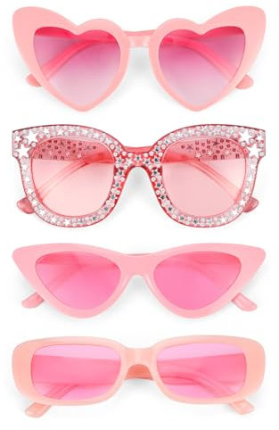 4Stk Pinke Sonnenbrille Damen Set, Herz Sonnenbrille Rosa Sonnenbrillen Retro Cat Eye Brillen Rechteckige Brillen, 90er Brille Party Brille Lustige Sonnenbrillen Party Herzbrille Pink für Karneval