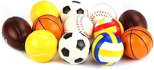 SULOLI 12pcs Balle Anti-Stress de Sport Balle en Caoutchouc Souple Balle de Sport en Mousse Souple Comprend Adultes et Enfants Basket, Football, Volley,Tennis, Rugby