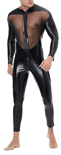 DUHENWU Men's Sexy Latex Lace Net yarn stitching Catsuit Full Body Bodysuit Wet Look Zipper Jumpsuit Patent Leather Jumpsuit Clubwear Nightclub Stage Clothing Black