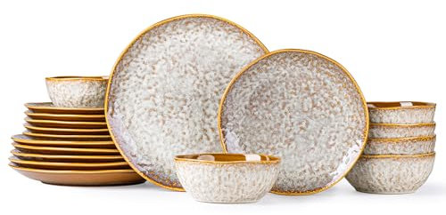 LeRatio Geschirrset für 6 Personen, Steingut Geschirr Set 18-tlg, Keramik Reaktive Glasur Kratzfestes- Schüssel- und Teller-Set, Ofen-, Spülmaschinen- & Mikrowellenfestes für Tafelservice, Cappuccino