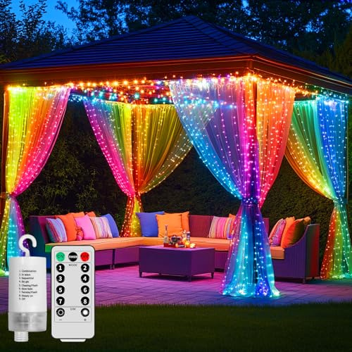 Curtain Lights Battery Operated 10x10Ft 300LED Waterproof Waterfall Light with 8 Modes Remote Dimmable Timer Memory Twinkle Fairy String Lights for Outdoor Indoor Gazebo Wedding Pergola Patio Bedroom