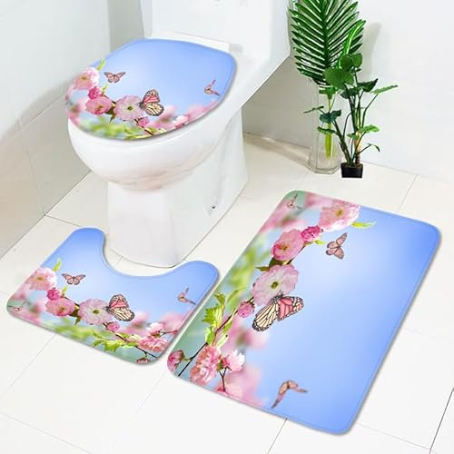Badezimmerteppich Rosa Blume Schmetterling WC Vorleger mit Ausschnitt WC Deckelbezug 3 Teiliges WC Teppich rutschfeste Badgarnitur U förmiger Badematte Waschbar Bad Teppiche Set 50x80 cm