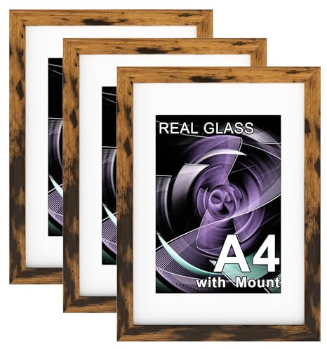 3Pack A4 Picture Frame with A5 Mount, Rustic Wooden Glass Poster Frame