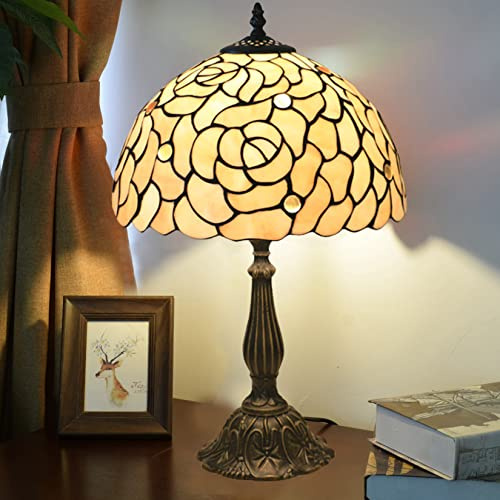 Lampada da banchiere, Lampada da Tavolo o scrivania di in Vetro colorato con Rosa Bianca Beige, Lampada da Comodino per Camera da Letto per Ragazza Amante, Base in Lega con Decorazioni in Accento