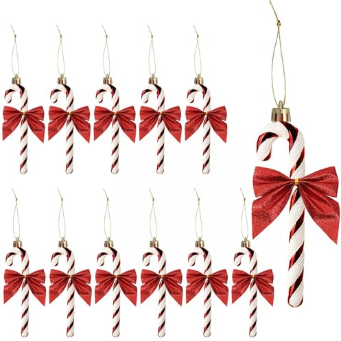 YIEUR 12 Pezzi di Decorazione a Bastoncini di Zucchero per Albero di Natale con 12 Pezzi di Fiocchi, Decorazione Natalizia, Nastri Natalizi, Ornamenti per Albero di Natale in Abete (Rosso)