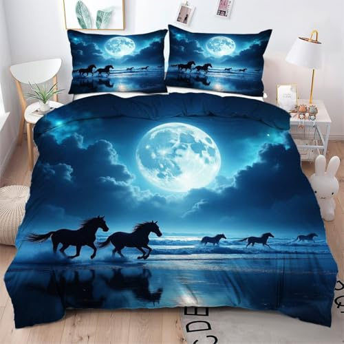 Gumntun Copripiumino Una Piazza e Mezza Motivo Cavallo Nero, Copripiumino in Microfibra con Cerniera e 2 Federe 50x80 cm, Set Di Biancheria Da Letto 200x200 cm