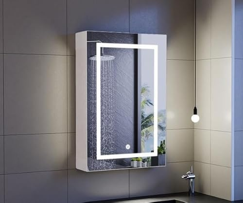 KRYZOR Spiegelschrank Bad mit Beleuchtung, Badezimmerschrank mit Verstellbares Regale und Anti-Beschlag, Badschrank mit Touch-Schalter, 3 Farbtemperatur Dimmbare (50x70 cm, 1 Tür)