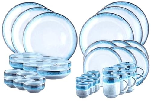 BJORN Service de Vaisselle Complet GENESIS – Service de Table en Grès 6 Personnes, 36 Pièces (Assiettes, Bols, Mugs & Tasses), Émail Réactif Bleu Dégradé