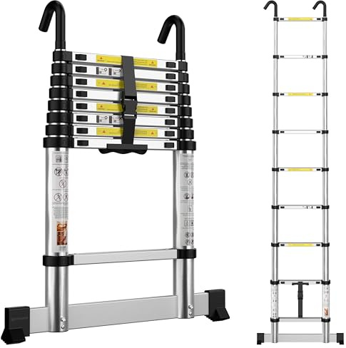 Telescopic Ladder 2.6M Aluminium Extension Extendable Loft Ladder Portable Ladders with Stabilizer Bar and Detachable Hooks for Roof Loft Caravans RV
