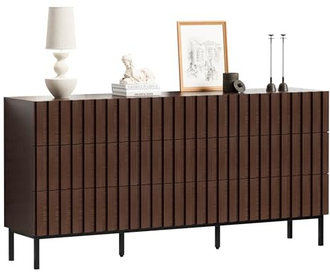 UEV Byrå med 9 lådor Träribbor, 150 x 34 x 72 cm, Valnöt | Smal byrå, stort förvaringsutrymme, rymlig möbel för vardagsrum sovrum, metallben