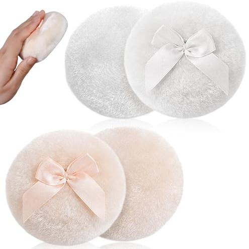 4 Stück Großer Flauschiger Puderquaste, 9CM Waschbar Puderquaste für Körperpuder, Wiederverwendbare Körperpuder, Gesicht Körper Puderquasten für Losen Puder,Talkumpuder(Weiß,Beige)