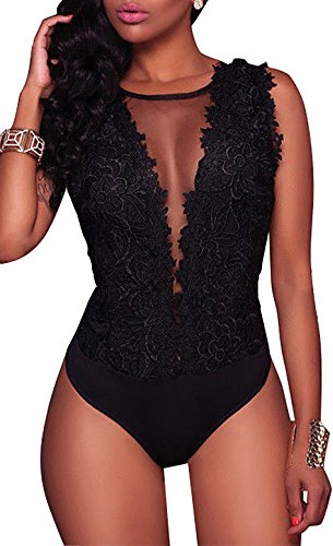 Body et Combinaison Femme Sexy Col V Justaucorps Dentelle Dos Nu sans Manches ou Elégant à Manches Longues, Noir, L