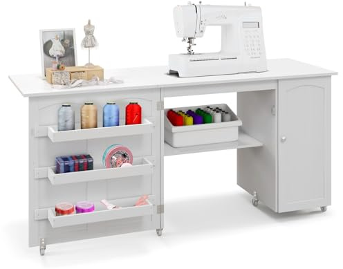 GIANTEX Armario de Costura Plegable con 5 Ruedas y 3 Estantes, Mesa Plegable de Costura con Tabique, Mueble para Máquina de Coser para Dormitorio, Salón y Estudio (Blanco)