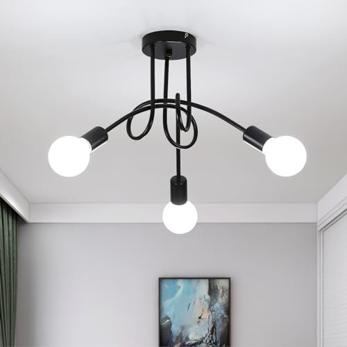 Riserva 3 Luci Lampada da Soffitto, E27 Plafoniera Soffitto Moderno Industriale, Lampadario in Metallo per Soggiorno, Cucina, Camera da Letto, Ristorante, Cafe (nero, senza lampadine)