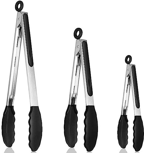 Royouzi Set di 3 pinze da cucina resistenti al calore, in acciaio inox ispessito e punte in silicone senza BPA, ideali per grigliare, 18 cm, 23 cm e 30,5 cm, colore nero