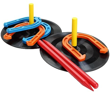 ISANCHA Rubber Horseshoes Set Outdoor&Indoor Includes 4 Horseshoes,2 Pegs,2 Rubber Mats,2 Red Plastic Dowels,for Beach Games,Tailgating,Camping,Backyard,Fun for Kids Adults (Blue&Orange)