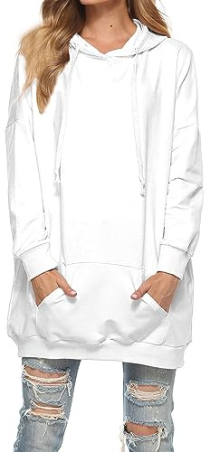 Famulily Robe sweat à capuche surdimensionnée pour femme - En coton - Longue - Couleur unie - Avec poches et cordon de serrage, Blanc., M