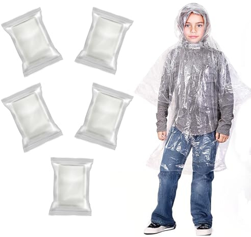 EcoNour Kids Rain Poncho (5-Pack) | Transparent Rain Coat - Emergency Rain Ponchos for Kids | Disposable Rain Poncho Raincoat-Family Pack | Kid Ponchos with Clear Hood Raincoat