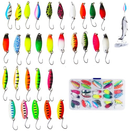 30 Stück ForellenAngeln Köder, Spinner Blinker Set, Spoons Forelle Set, Fishing for Ellen Spoon, Pailletten Kunstköder für Forelle, Leuchtende Farben, Geeignet für Angelausflüge