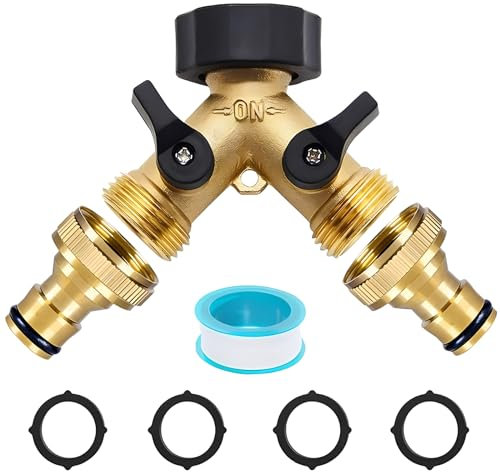 Kazaigou 2 Way Garden Hose Splitter, Heavy Duty Brass Y Splitter with Individual ON/Off Valves, 3/4 Brass Hose Tap Connector Includes 2 Quick Connector and 4 Extra Rubber Washers & Teflon Tape