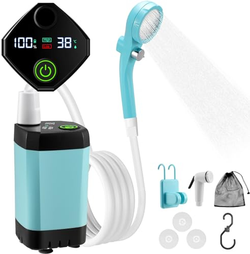 Neulriscn Portable Shower for Camping, Electric Outdoor Camping Shower with 2M Hose, Shower Head, Built-in 6000mAh Rechargeable Battery, Intelligent Digital Display, Travel Shower, Dog Shower (Blue)