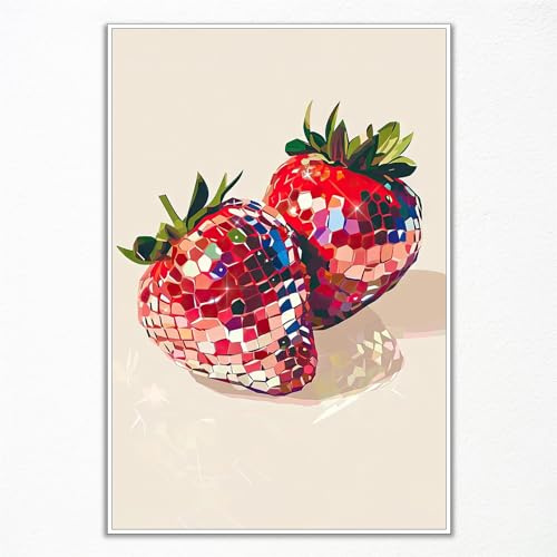 Anslipswar Funky Red Strawberry Disco Wall Art, Trendy Disco Ball Poster for Girls Room, Coquette Strawberries Picture Print, Strawberry Disco Ball Art Fruit Poster 24x36in Unframed