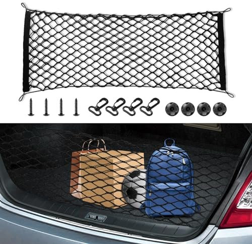 deemars Red de Carga Trasera, Accesorios para Cama de Camión, Red Organizadora Elástica Ajustable con Ganchos y Tornillos, Red de Carga Universal para Camión Coche SUV (110 * 40CM)