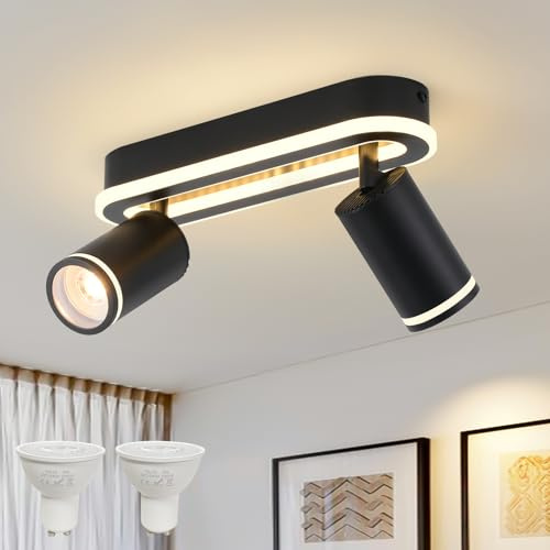 Spot de Plafond à LED 2 Flammes Orientable 350°, Plafonnier avec Incandescence Inférieure 15W+2x5W GU10 spots,3000K Blanc Chaud Applique Plafond,Lampe de Plafond Moderne,Spot Pour Cuisine,Salon Noir
