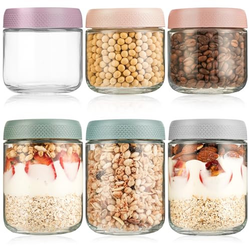 KUOGAS Bocal en Verre Avec Couvercle lot de 6 Pots, Overnight Oats Jar Pour L'Avoine, Salade, Yaourt, Pudding, Chutney,Confiture, PréParation Repas Pot Mason