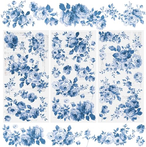 WANDIC 3 Sheets Rub On Transfer Stickers, Blue Flowers Decals Waterproof Furniture Transfers for DIY Scrapbooking