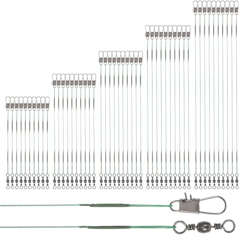 50 Stück Stahlvorfach Hecht, Stahldraht Vorfächer mit Wirbel Karabiner (5 Größen: 10/15/20/25/30 cm) Vorfach Angeln Vorfachschnur für Spinnangeln, Raubfischfang in Süß Salzwasser