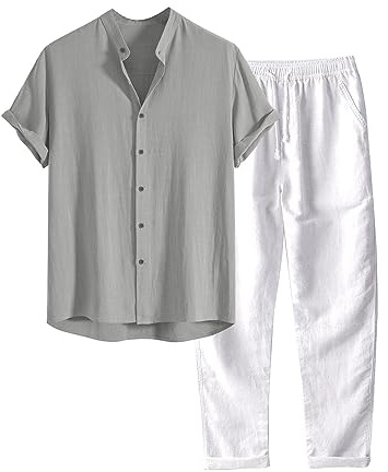 Completo Estivo da Uomo, 2 Pezzi Casual per Spiaggia Tuta Completa in Cotone e Lino Maglietta + Pantaloni con Coulisse Set Uomini