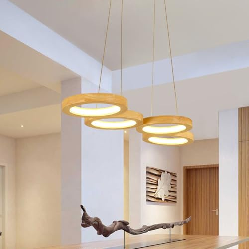 ENXING LED Pendelleuchte Dimmbar Mit Fernbedienung Modern Holz Hängelampe Esstisch Deckenleuchte Innenbeleuchtung Höhenverstellbar Kronleuchter Esszimmer Schlafzimmer Wohnzimmer(4heads)