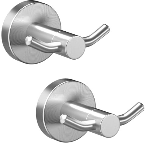Yundoza 2 Pack Towel Hooks for Bathroom, Screw in Stainless Steel Door Hook | Wall Hooks for Hanging Coat Robe Keys | Large Double hook | Brushed Silver Nickel
