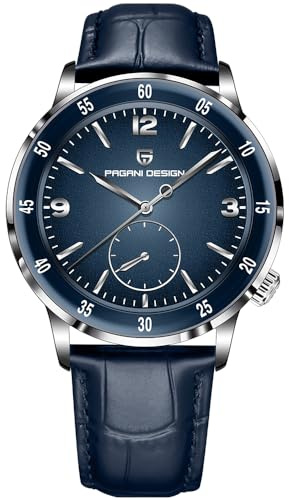 Pagani Design 1790 Herren Armbanduhr, 42mm Automatische Mechanische Uhren, 100M wasserdichte Luxus Armbanduhr für Männer,Leicht ablesbares großes Zifferblatt Leder Armband Uhr(1790 Silberschale blau)