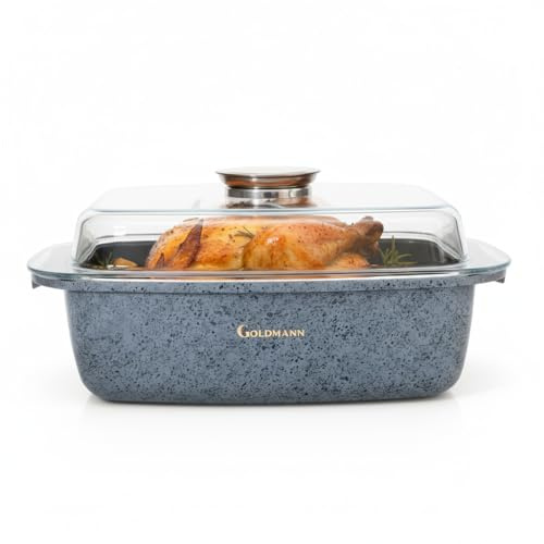 GOLDMANN Premium Bräter aus Aluminiumguss 32 cm – 5,5 L mit keramischer Marmor-Antihaftbeschichtung, Glasdeckel mit Aromaknopf, für alle Herdarten inkl. Induktion geeignet & PFOA-frei